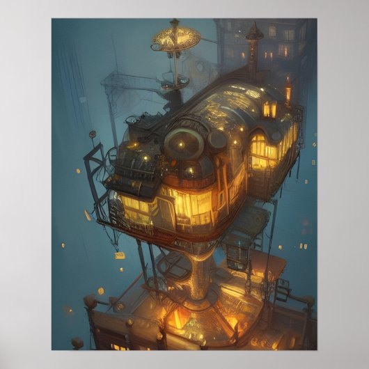 Fantasy Steampunk City Aerial Uitzicht Poster (Voorkant)
