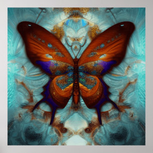 Fantasy Steampunk Oranje Butterfly Aqua Waterverf Poster