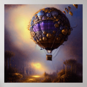 Fantasy Steampunk Paarse luchtballon Poster