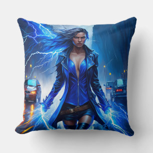 Fantasy Super Hero Meisje Met Bliksemkracht Kussen