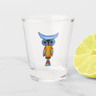 Fantasy Uil Blauw Hoofd Ogen Geel Lichaam Kleurrij Shot Glas