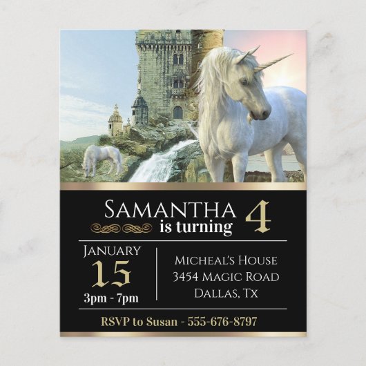 Fantasy Unicorn Medieval Castle Metallic Birthday (Voorkant)