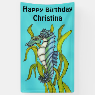 Fantasy Verjaardag Aqua Blue Seahorse Zeewier Spandoek