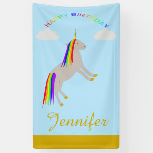 Fantasy Verjaardag Eenhorn Regenboog en Witte Wolk Spandoek