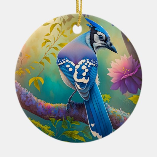 Fantasy Vogels Blauwe Jay Keramisch Ornament (Voorkant)