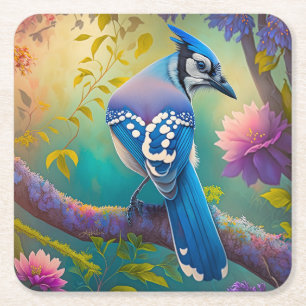 Fantasy Vogels Blauwe Jay Vierkante Kartonnen Onderzetter