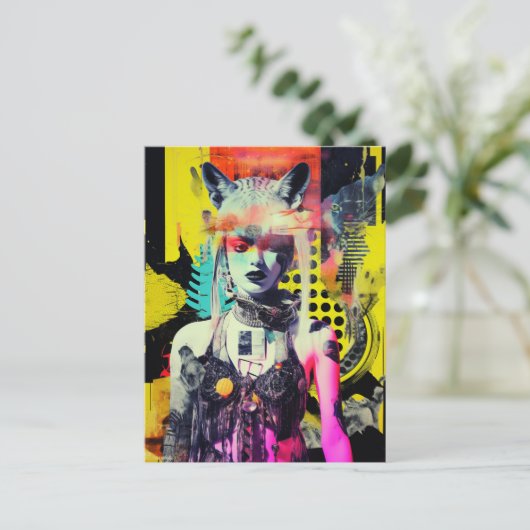 Fantasy Vrouw en Dieren Kleurrijke Collage Briefkaart (Staand voorkant)