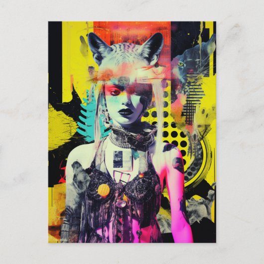 Fantasy Vrouw en Dieren Kleurrijke Collage Briefkaart (Voorkant)