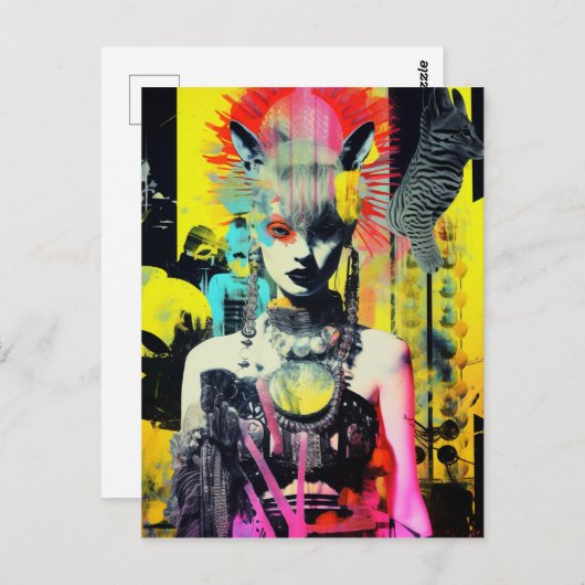 Fantasy Vrouw en Dieren Kleurrijke Collage Briefkaart (Voorkant / Achterkant)