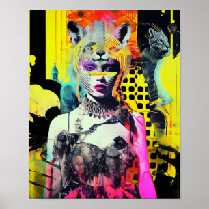 Fantasy Vrouw en Dieren Kleurrijke Collage Poster