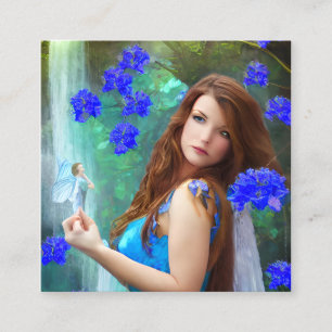 Fantasy Vrouwen Fairy Portret met Blauwe Bloemen e Vierkante Visitekaartje