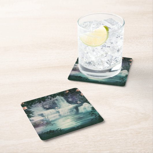 Fantasy Waterfall Cascader Vierkante Kartonnen Onderzetter (Insitu)