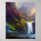 Fantasy Waterfall, Mountain en Forest Natuur Art Poster (Voorkant)