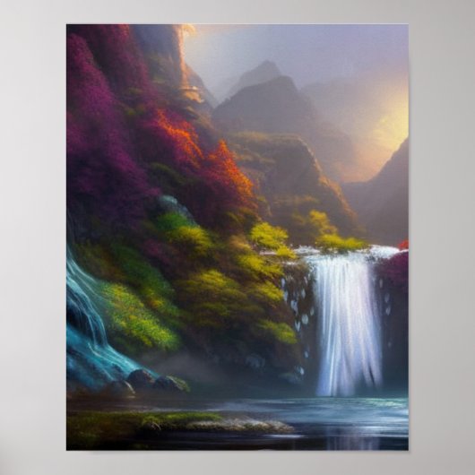 Fantasy Waterfall, Mountain en Forest Natuur Art Poster (Voorkant)