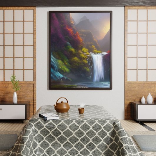 Fantasy Waterfall, Mountain en Forest Natuur Art Poster