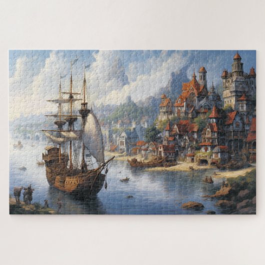 Fantasy Waterfront Village & Schip Legpuzzel (Horizontaal)