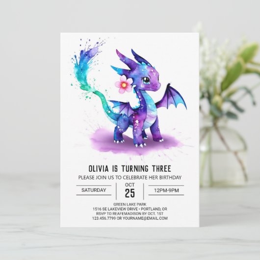 Fantasy Waterverf Dragon Digitaal Meisje Verjaarda Kaart (Staand voorkant)