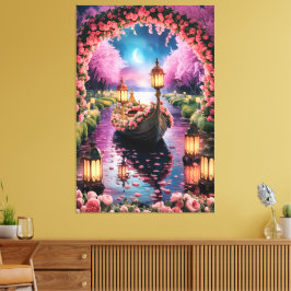 Fantasy Waterverf kunst van Lantern-Lit  boot Canvas Afdruk