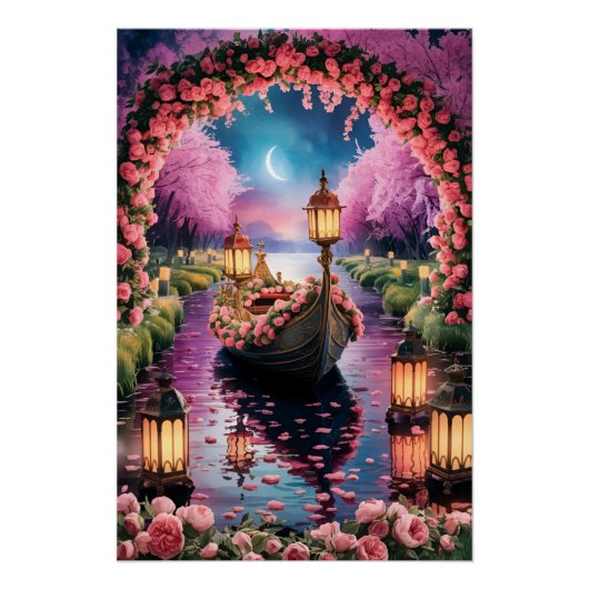Fantasy Waterverf kunst van Lantern-Lit  boot Perfect Poster (Voorkant)