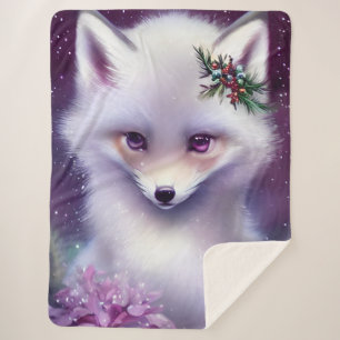 Fantasy White Baby Fox met lavendelogen Sherpa Deken