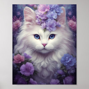 Fantasy White Cat met bloemen Poster