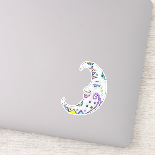 Fantasy White Crescent Moon met gezicht kleurrijk Sticker (Detail)