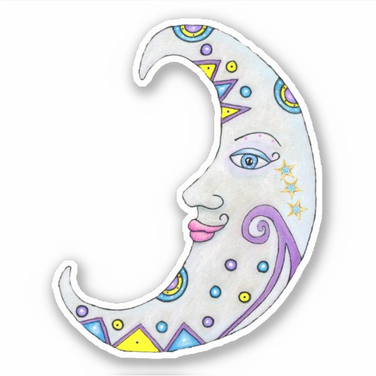 Fantasy White Crescent Moon met gezicht kleurrijk Sticker (Voorkant)
