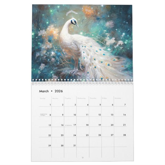 Fantasy White Peacocks in Abstract Style Kalender (Mar 2026)