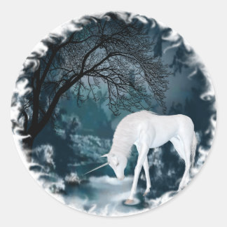 Fantasy White Unicorn in Forest Mythology Art Ronde Sticker