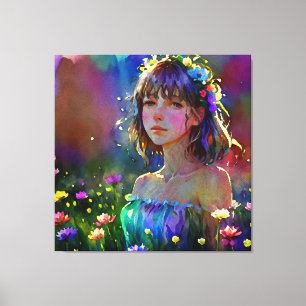 *~ Fantasy Wild Flowers AP56 Art Waterverf Meisje Canvas Afdruk