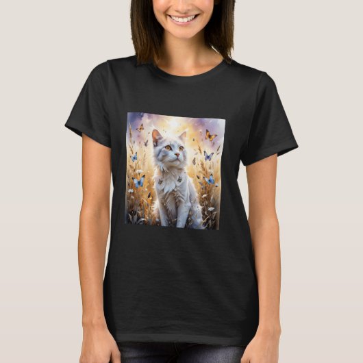Fantasy Witte Kat Vlinders T-shirt (Voorkant)