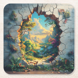 Fantasy World door een gebarsten muur ontwerp Vierkante Kartonnen Onderzetter