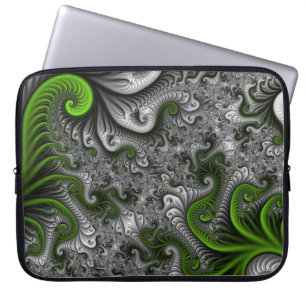 Fantasy World Green and Grey Abstract Fractal Art Laptop Sleeve