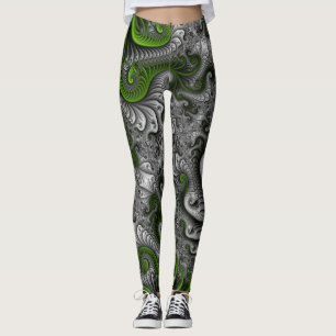 Fantasy World Green and Grey Abstract Fractal Art Leggings