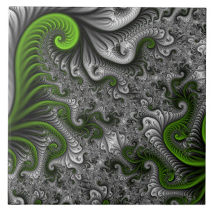 Fantasy World Green and Grey Abstract Fractal Art Tegeltje