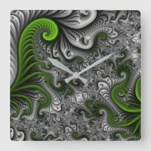 Fantasy World Green and Grey Abstract Fractal Art Vierkante Klok