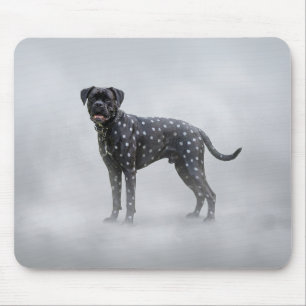 Fantasy zwarte boxerhond met zilveren polka-stippe muismat