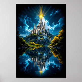 Fantasykasteel weerspiegelend in meer met magisch poster
