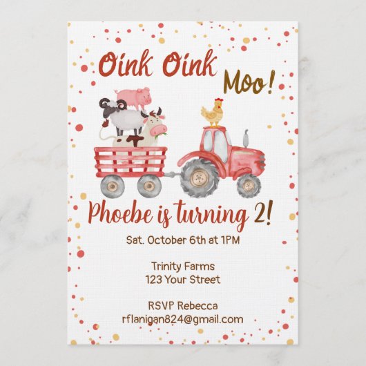 Farm Animal Barnyard Second Birthday Invitation (Devant)