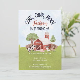 Farm Animal Barnyard Second Birthday Invitation Kaart