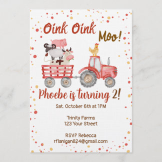 Farm Animal Barnyard Second Birthday Invitation Kaart