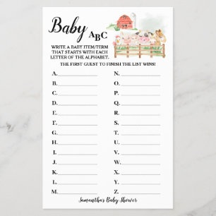 Farm Animals Baby ABC Baby shower Game Kaart