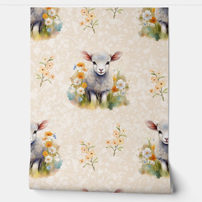 Farm Animals Baby Sheep Floral on Cream Behang (Afrollen)