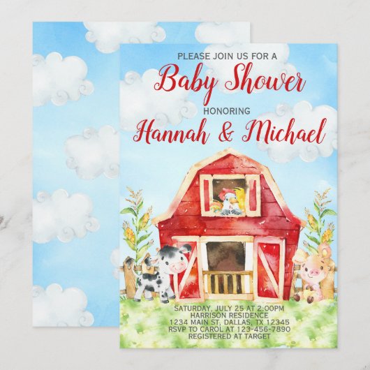 Farm Animals Baby shower Invitation Invite, Barn Kaart (Voorkant / Achterkant)