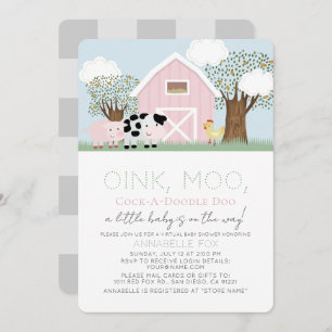 Farm Animals Barnyard Pink Virtual Baby shower Kaart