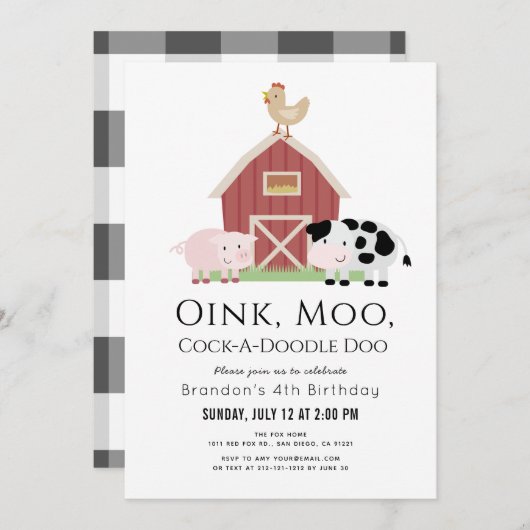 Farm Animals Barnyard White Birthday Invitation Kaart (Voorkant / Achterkant)