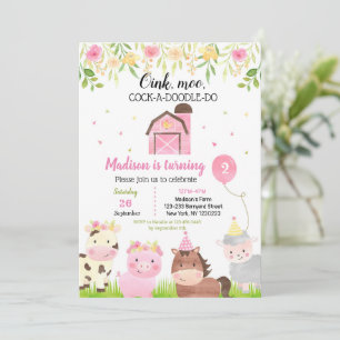 Farm Animals Birthday Party Invitation Girl Kaart