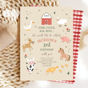 Farm Animals Boy Gingham Barnyard Birthday Invitat Kaart