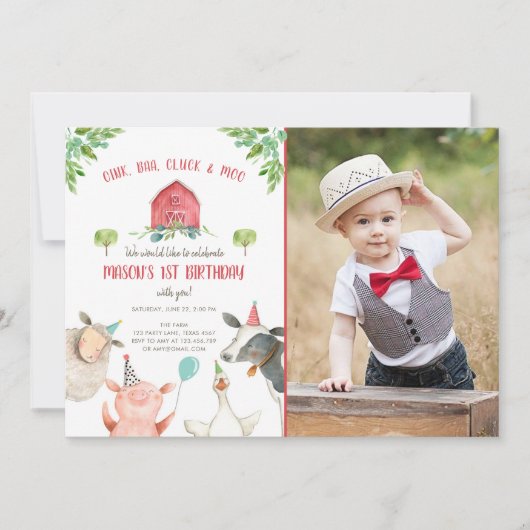 Farm Animals Boy Red Gingham Barnyard Birthday Kaart (Voorkant)