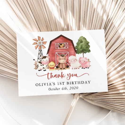 Farm Animals, Cute Animals, Barn, First Birthday Bedankkaart